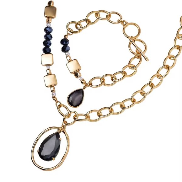 Grey and Blue  Glass, Simulated Resin Pearl Necklace and bracelet set - Picture 1 of 6